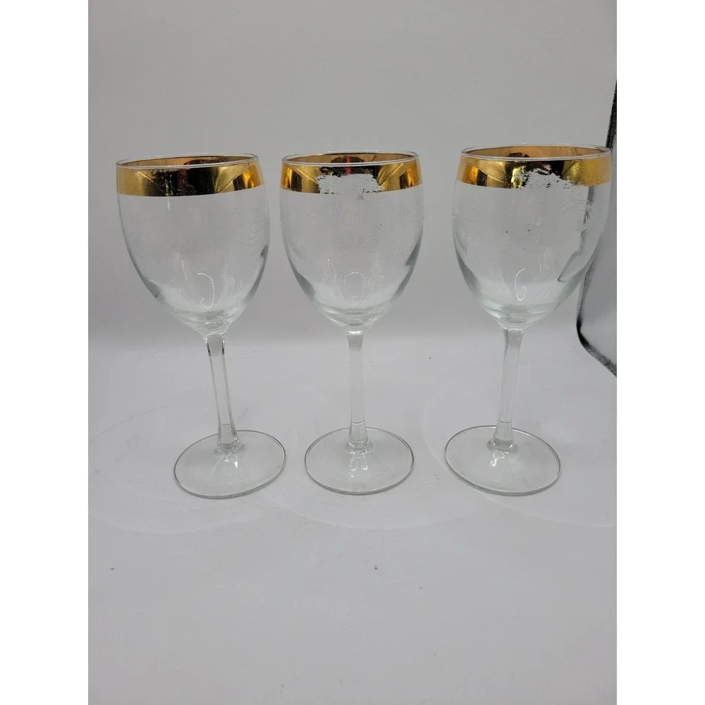 Vintage‎ Cellini Italian Blown Crystal Wine Glasses Stems 24K Gold Trim Set of 3